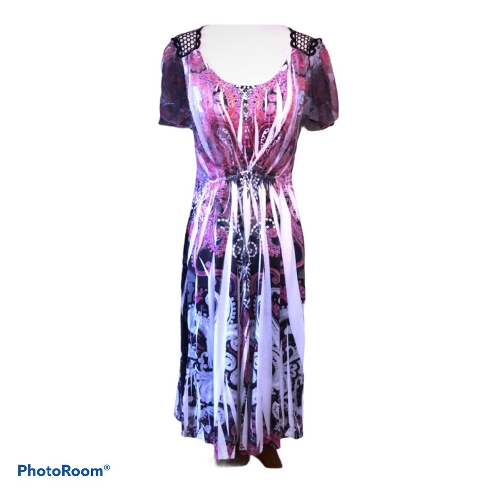 Fairycore Tie-dye‎ Boho Crochet Colorful Dress 14/16 EUC